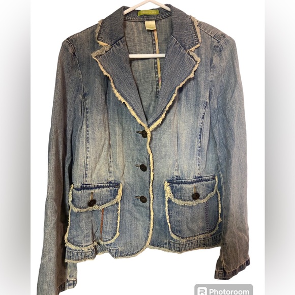 Sigrid olsen Denim distressed buttoned cotton Jean Jacket ladies 12 Spring - Picture 1 of 6